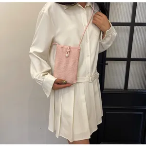 Minimalist solid color woven phone bag, casual crossbody bag with shoulder strap for women.