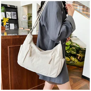 Casual corduroy shoulder bag for women, large capacity daily commuter tote and messenger bag.