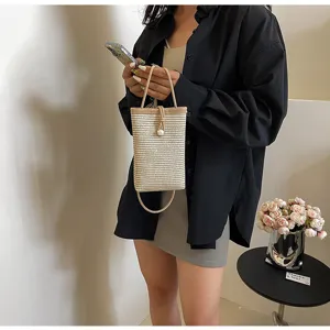 Fashion solid color straw woven phone bag casual small square shoulder bag crossbody bag