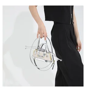 Mini straw handbag with metallic silver trim, stylish woven crossbody tote bag for women summer.