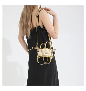 Chic mini straw handbag with metallic gold leather trim, stylish crossbody mini bag.