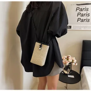 Stylish minimalist straw woven phone bag for women, casual crossbody messenger mini bag.