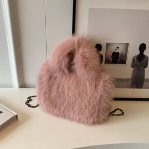 Borsa a tracolla catena ecopelliccia rosa peluche donna invernale elegante borsa moda