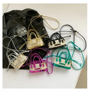 Mini straw shoulder bag with metallic trim and top handle details shown in various colors.