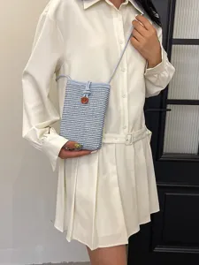 Chic woven phone bag crossbody shoulder bag with floral button and strap for women daily use