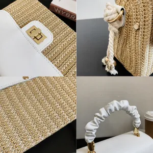 Woven Straw Box Bag with White Leather Flap and Turn Lock Summer Beach Crossbody Handbag
