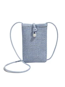 Blue white woven phone bag crossbody mini straw bag with shoulder strap for daily use.
