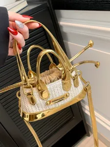 Women Small Straw Woven Crossbody Bag Mini Color Block Shoulder Bag Cute Metallic Trim Handbag Summer Beach Purse