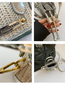 Mini straw woven handbag for women 2024 summer stylish metallic contrast shoulder bag