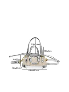 Mini straw handbag with metallic silver trim, top handle and crossbody strap, stylish and compact.