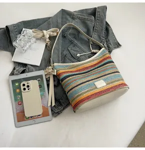 Colorful striped straw bucket bag with cute bow pendant casual shoulder bag for women