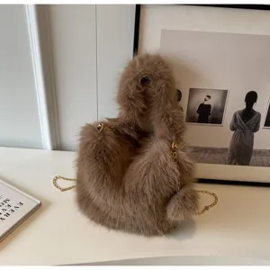 Stylish plush fuzzy shoulder bag for women autumn winter brown handbag with gold chain detail.