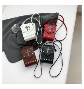 Gothic style cross mini crossbody bag with star studs and chain strap fashion leather bag.