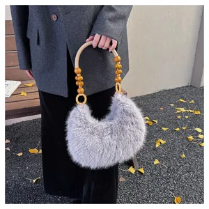 Fluffy crescent shoulder bag with wooden beaded handle plush winter fashion handbag style