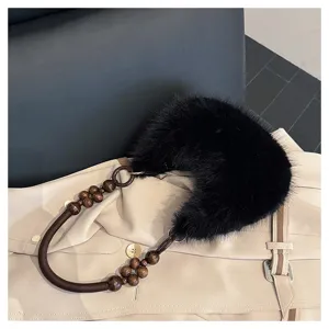 Black plush shoulder bag with wooden bead handle winter fluffy crescent handbag for women