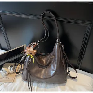 Détails du sac bandoulière rétro en cuir PU marron, grand cabas fourre-tout et sac à dos.