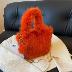 Women plush handbag fluffy winter fashion chain shoulder crossbody bag stylish orange fuzzy purse