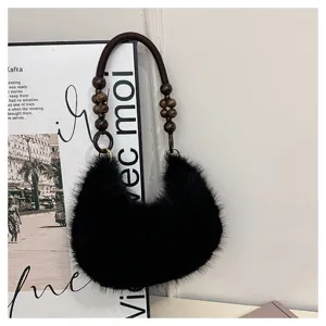Chic winter plush handbag featuring wooden bead handle fluffy crescent shoulder bag stylish