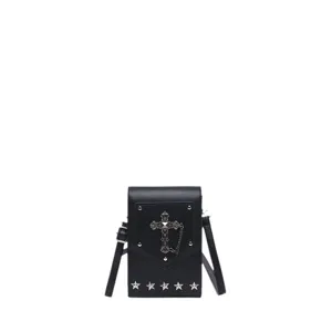 Black mini crossbody bag with gothic cross ornament and metal star studs for women trendy.
