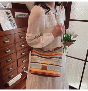 Colorful striped woven bucket bag for women stylish casual shoulder handbag detail view