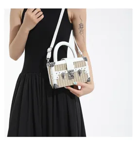 Sac bandouliere boite en paille tressee chic avec bordure en cuir et coins metalliques.