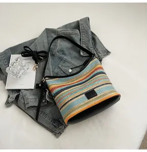 Chic colorblock straw woven bucket bag for women, casual stylish single shoulder handbag.
