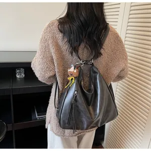 Sac à dos multi-usages en cuir PU gris foncé vintage grand sac cabas fourre-tout décontracté