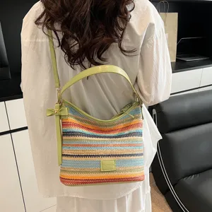 Women Fashion Color Block Straw Bucket Bag Casual Woven Shoulder Bag PU Leather Splice Daily Crossbody Handbag