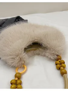 Fashion Plush Shoulder Bag For Women Fluffy Winter Handbag Faux Fur Tote With Wooden Beads Handle Casual Purse