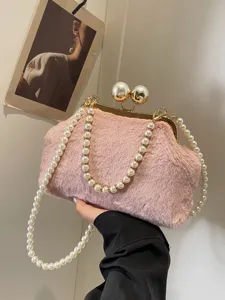 Sac à main en peluche pour femme automne hiver mode élégant bandoulière perle coquillage rose