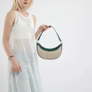 Women fashion straw crescent shoulder bag casual summer beach hobo handbag chic green purse