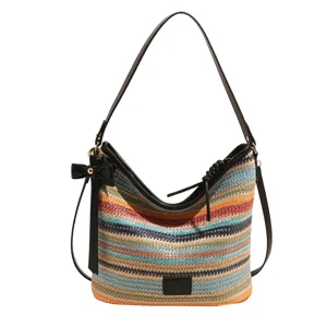 Colorful striped woven shoulder bag for women stylish casual hobo bucket handbag