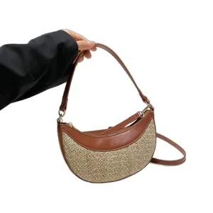 Women brown leather woven straw crescent shoulder bag hobo handbag for summer beach vacation