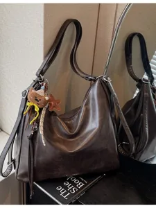 Sac Cabas en Cuir PU Rétro pour Femmes Grande Capacité Sac Bandoulière Décontracté Sac de Commuter