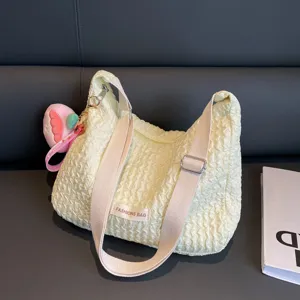 Women Casual Pleated Crossbody Bag Korean Style Soft Fabric Dumpling Shoulder Bag Macaron Color Tote Bag Daily Purse