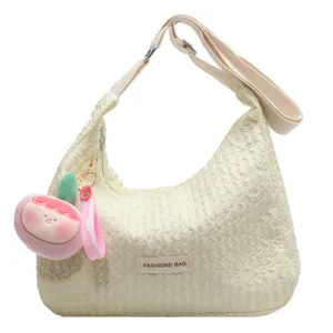 Cream crinkle bubble shoulder bag casual hobo dumpling bag with cute plush fruit charm for women
