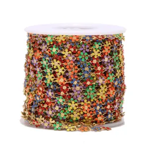Close-up view of colorful enamel flower chain, stainless steel DIY jewelry making component.