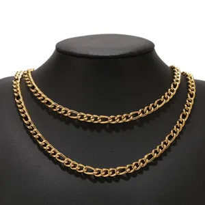 Collier de chaine figaro cubain superpose plaque or en acier inoxydable pour homme et femme
