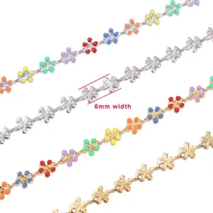 Stainless steel colorful enamel flower chain detail view, 6mm width DIY jewelry accessory.