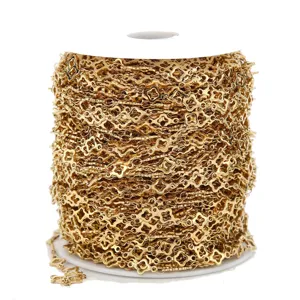 Gold clover chain spool, 18K gold plated stainless steel DIY jewelry making supply detail.