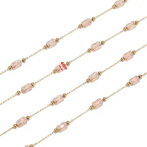 Gold stainless steel chain with pink crystal beads, perfect for DIY jewelry making.