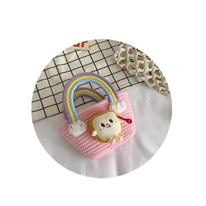 Cute woven bucket bag with rainbow handle and cartoon toast doll for daily fashion casual use.