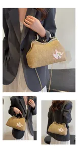 Woven straw shoulder bag with lotus embroidery, metal clasp, and chain strap for summer beach.