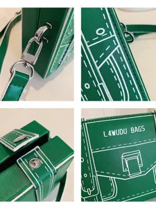 Grüne Umhängetasche im 2D-Cartoon-Stil, kreative Comic-Box-Tasche mit Schultergurt für Damen.