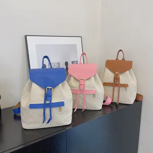 Sac à Dos Tissé en Paille pour Femmes Bloc de Couleur Cordon de Serrage Décontracté Voyage Cuir PU