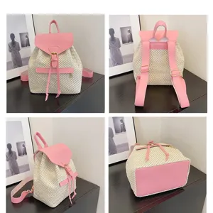 Élégant Femmes Été Plage Paille Sac à Dos Bloc de Couleur PU Cuir Cordon Décontracté Sac