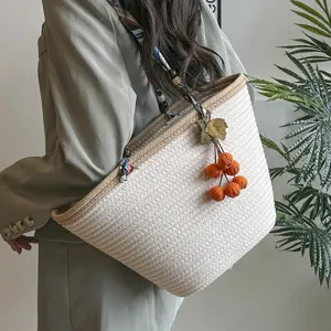 Women Woven Tote Bag Large Capacity Straw Bucket Shoulder Bag With Silk Scarf Ball Pendant Beach Casual Handbag