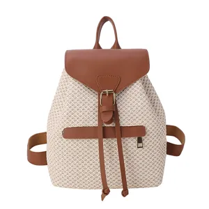 Sac à dos femme en paille décontracté tressé voyage été plage cartable cuir PU marron