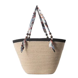 Chic woven straw tote bag for women, large capacity bucket shoulder bag with silk scarf handle.