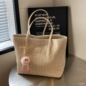 Woven Straw Tote Bag For Women Large Capacity Casual Commuter Shoulder Bag Color Block Handbag With Cute Plush Pendant